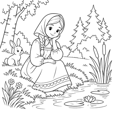 Alyonushka by the Forest Pond Coloring Page