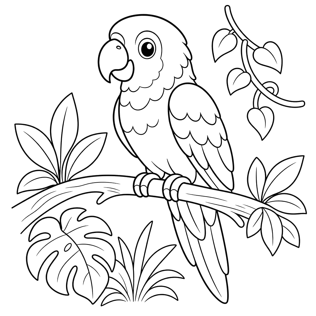 Amazon Parrot on a Jungle Branch — Coloring Page