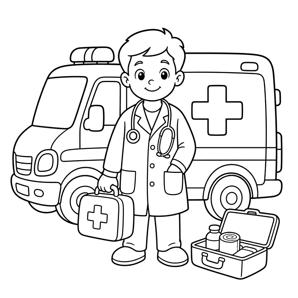 Doctor on duty in an ambulance coloring page