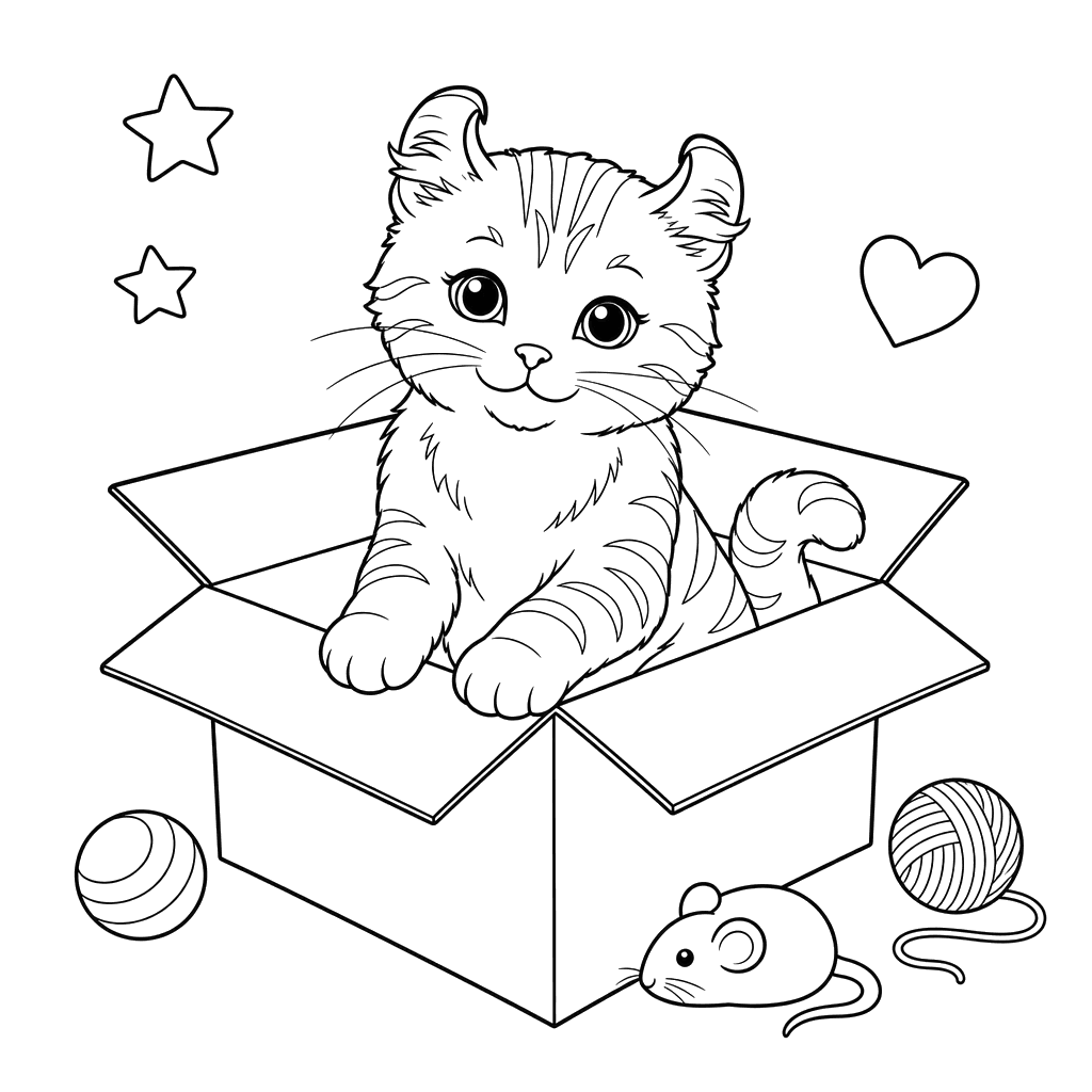 American Curl Cat in a Box Coloring Page