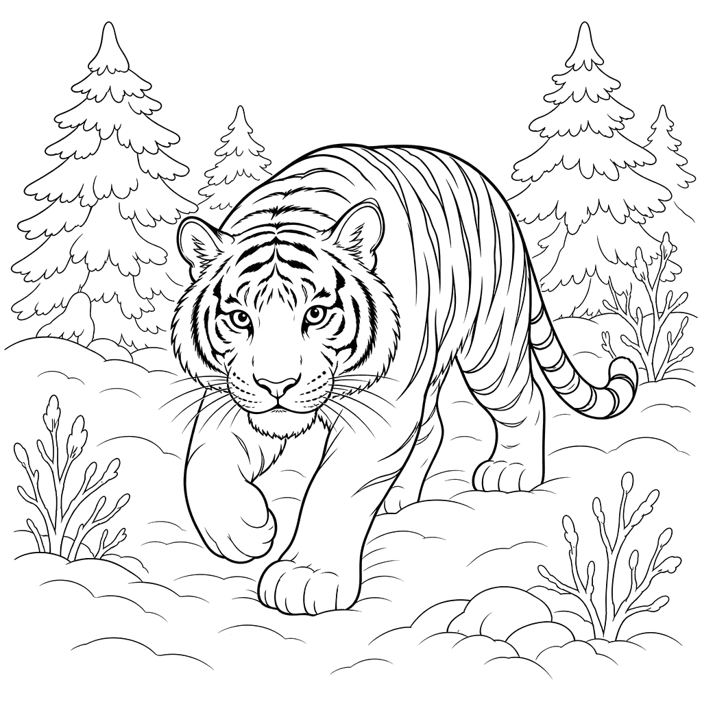 Amur Tiger in Snowy Forest Coloring Page