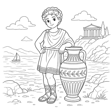 Ancient Greek by the Sea with Amphora — Coloring Page