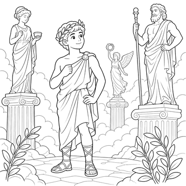 Ancient Greek on Olympus Among Statues Coloring Page