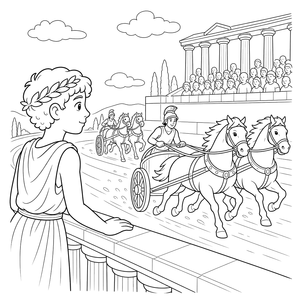 Ancient Greek Watching Chariot Race — Coloring Page