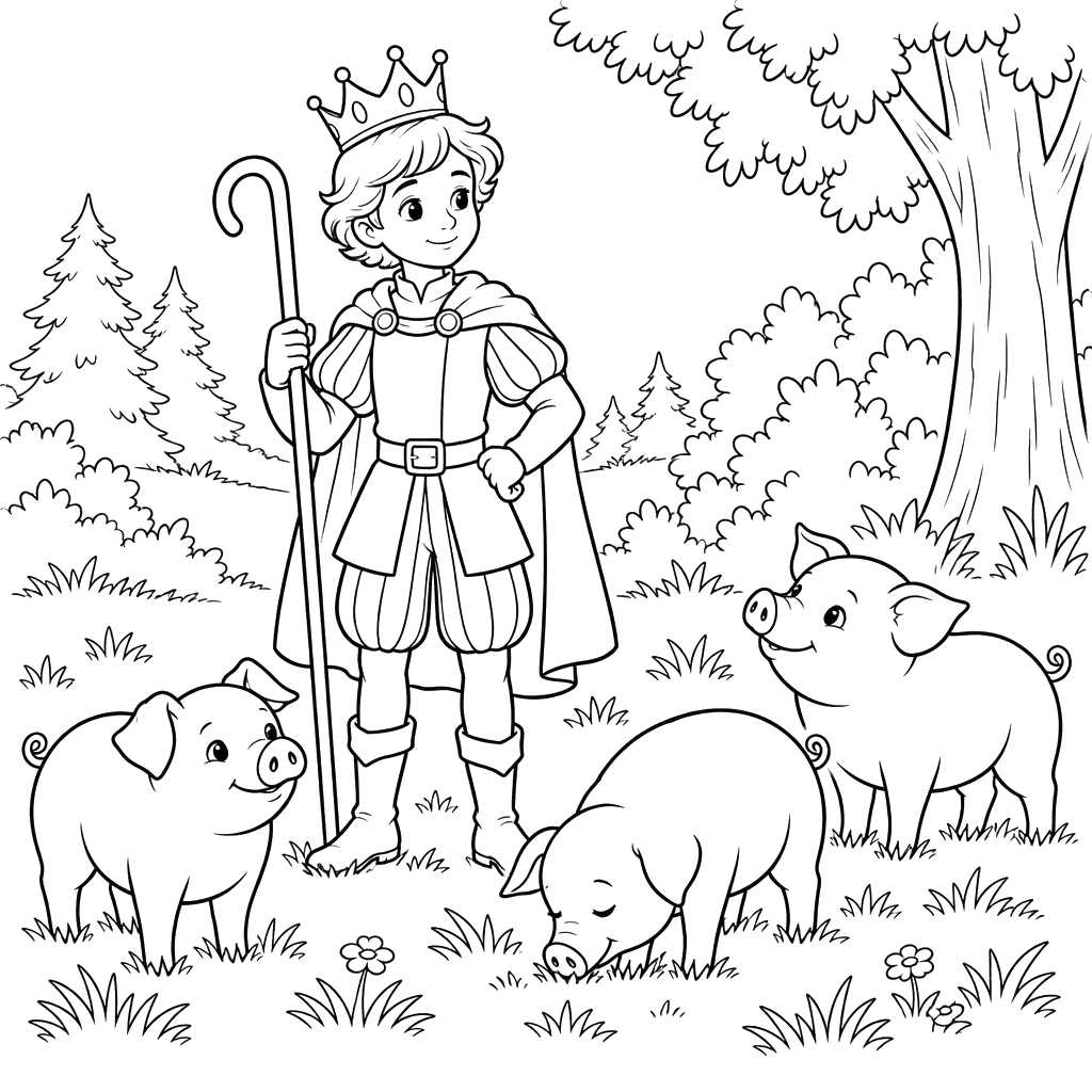 Prince Herding Pigs by the Forest Coloring Page