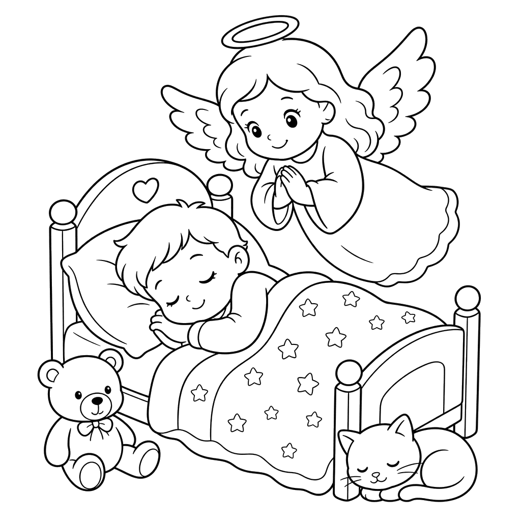 Angel over Sleeping Child Coloring Page