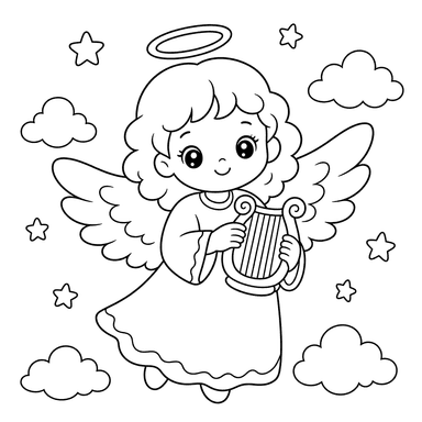 Angel with Small Harp Coloring Page
