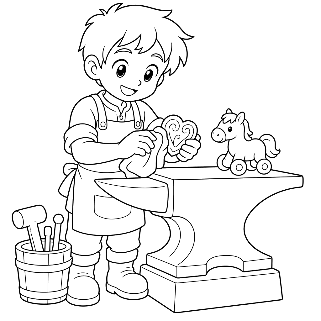 Anime blacksmith at an anvil — coloring page