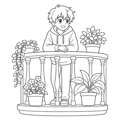 Anime boy on a balcony coloring page