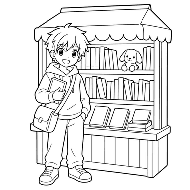Anime boy at book kiosk coloring page