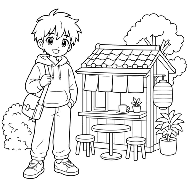 Anime Boy at a Japanese Café coloring page