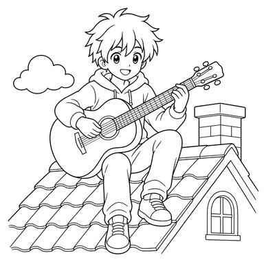 Anime boy on a roof with guitar coloring page