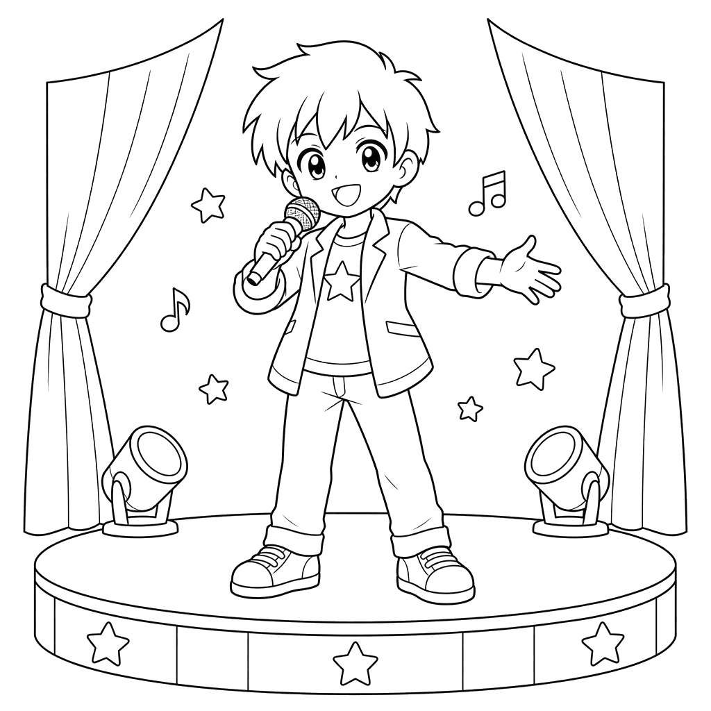 Anime boy on stage coloring page
