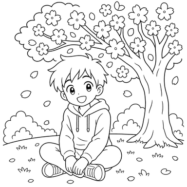 Anime boy under sakura tree coloring page