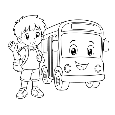 Anime boy by school bus coloring page