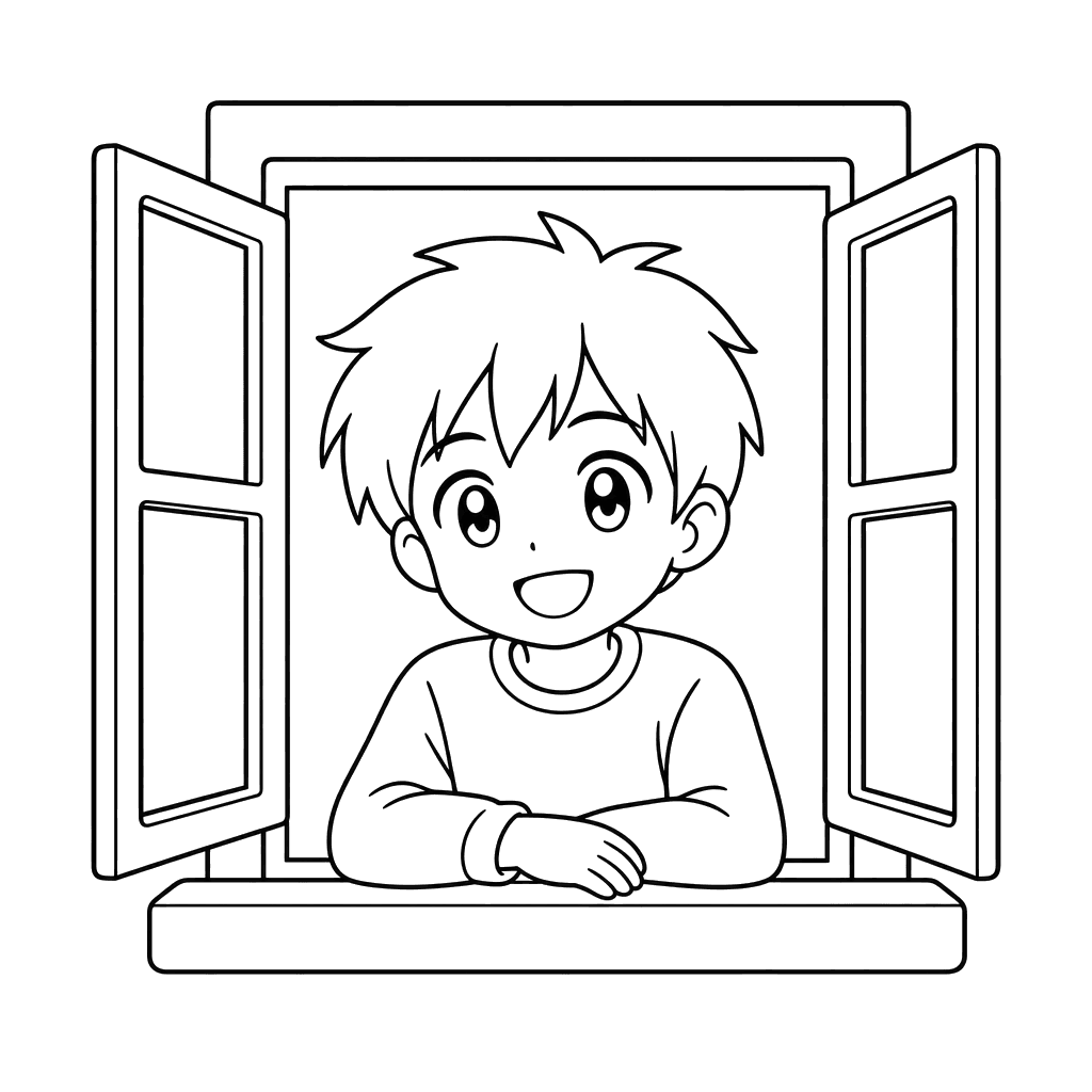 Anime boy at school window coloring page