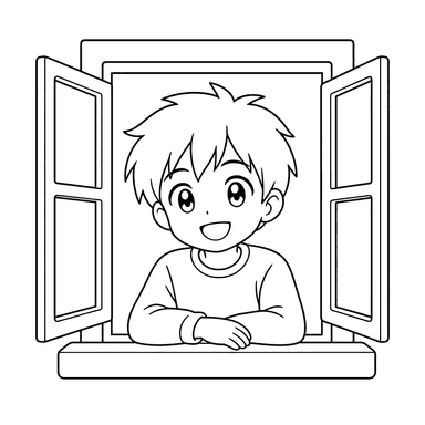Anime boy at school window coloring page