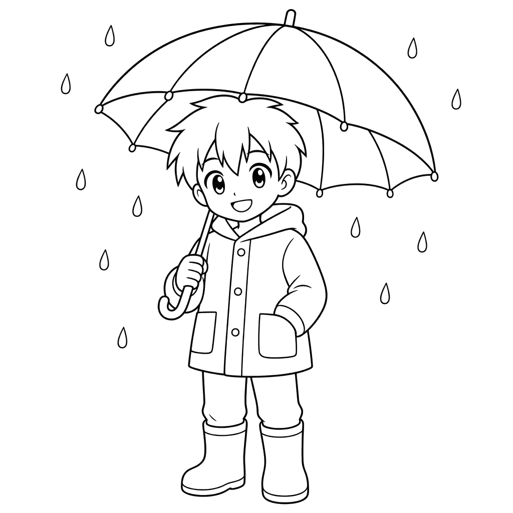 Anime boy with umbrella coloring page