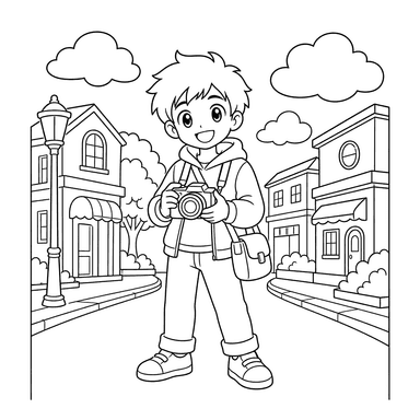Anime boy with camera coloring page