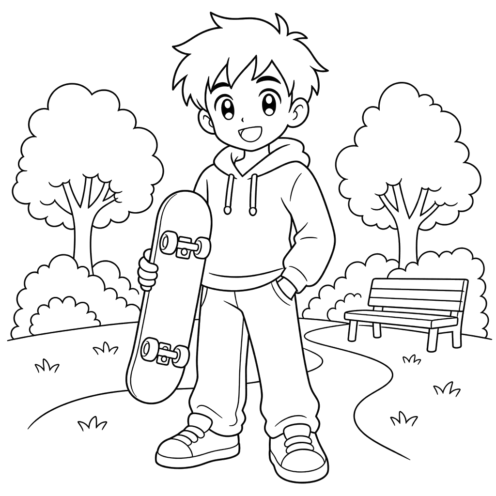 Anime boy with skateboard coloring page