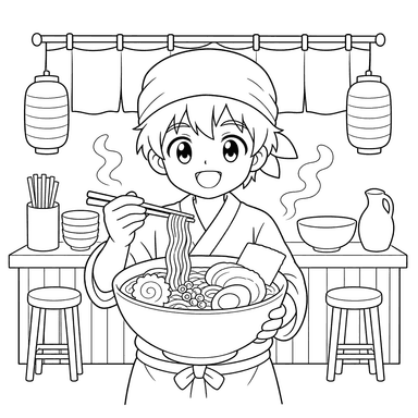 Anime Chef in Ramen Shop Coloring Page