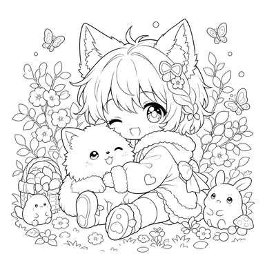 Chibi Anime Character Hugging a Fluffy Pet