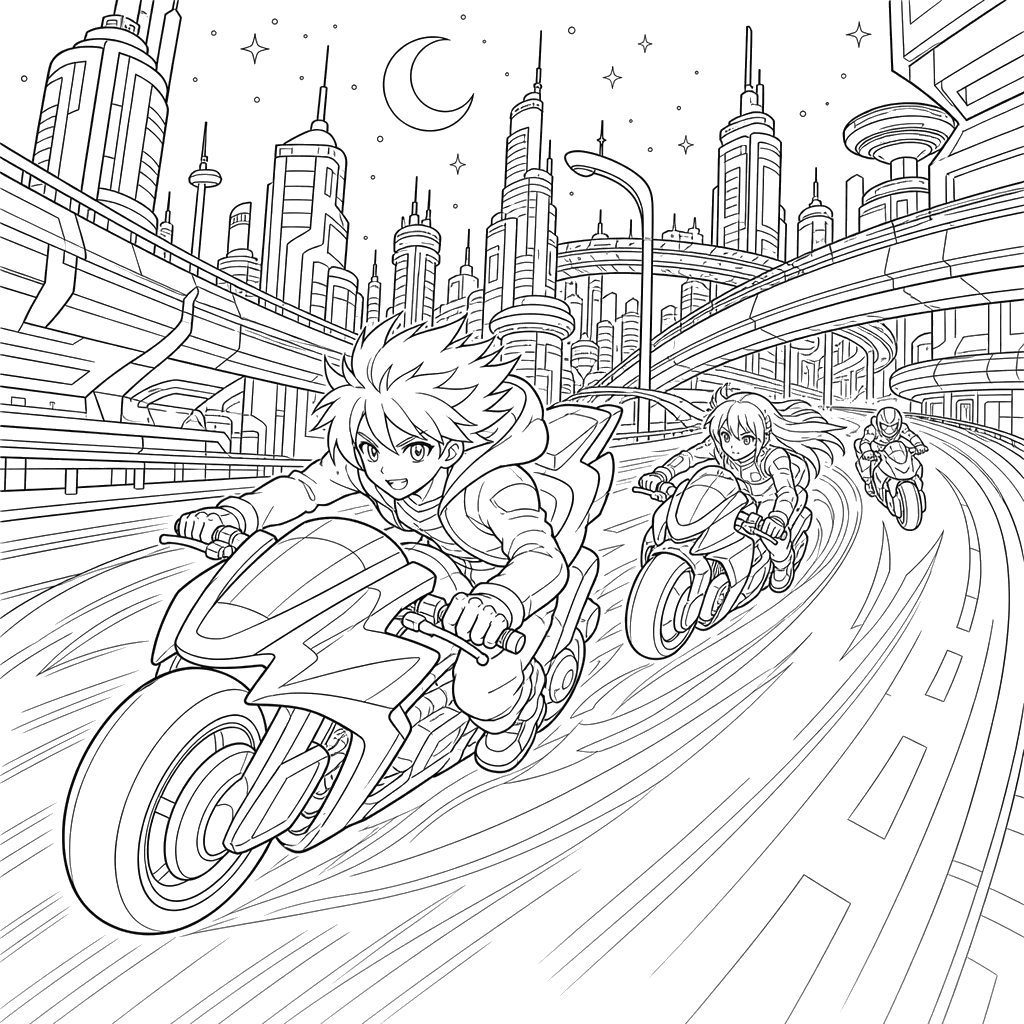 Anime Futuristic Motorcycle Race Coloring Page