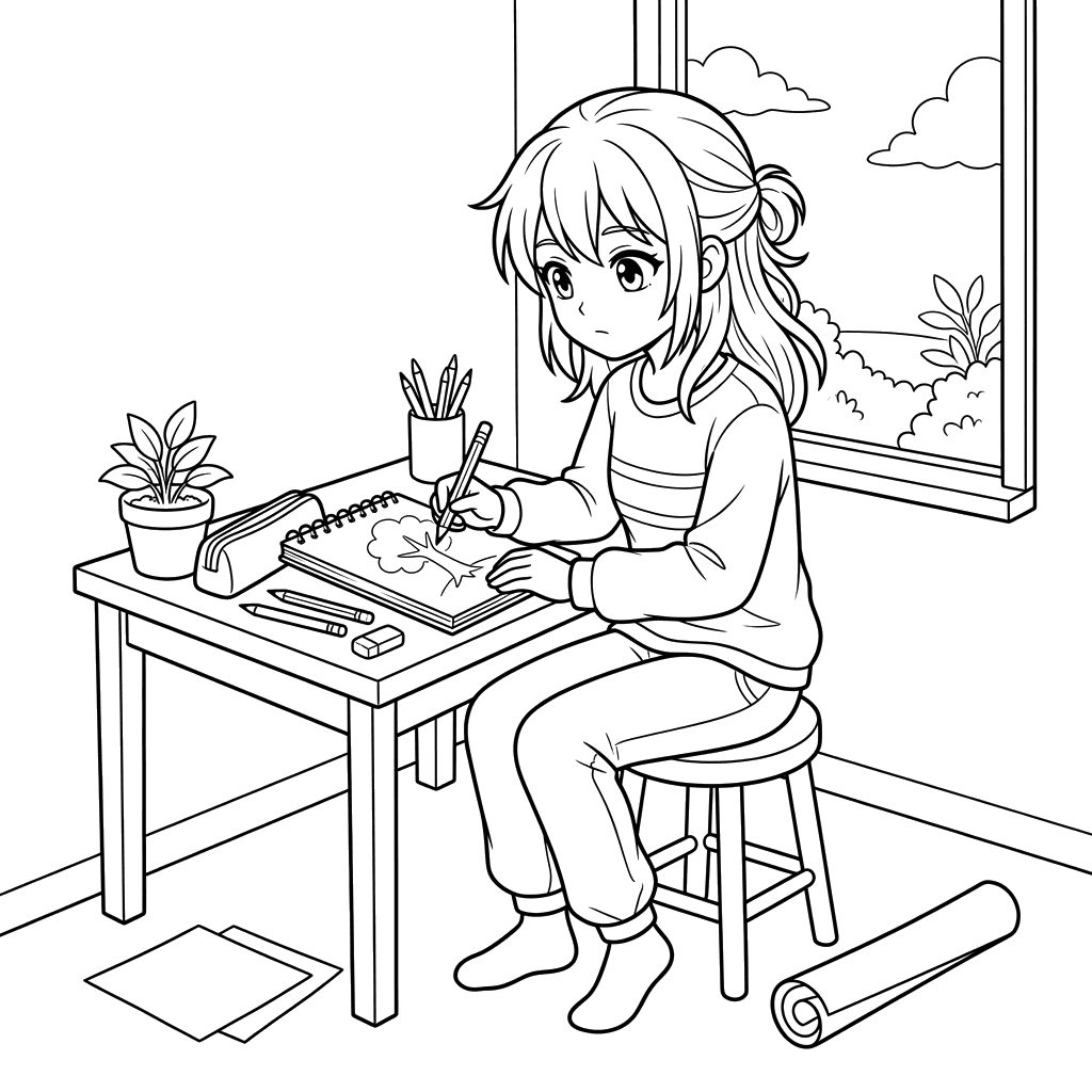 Anime Girl Artist Coloring Page