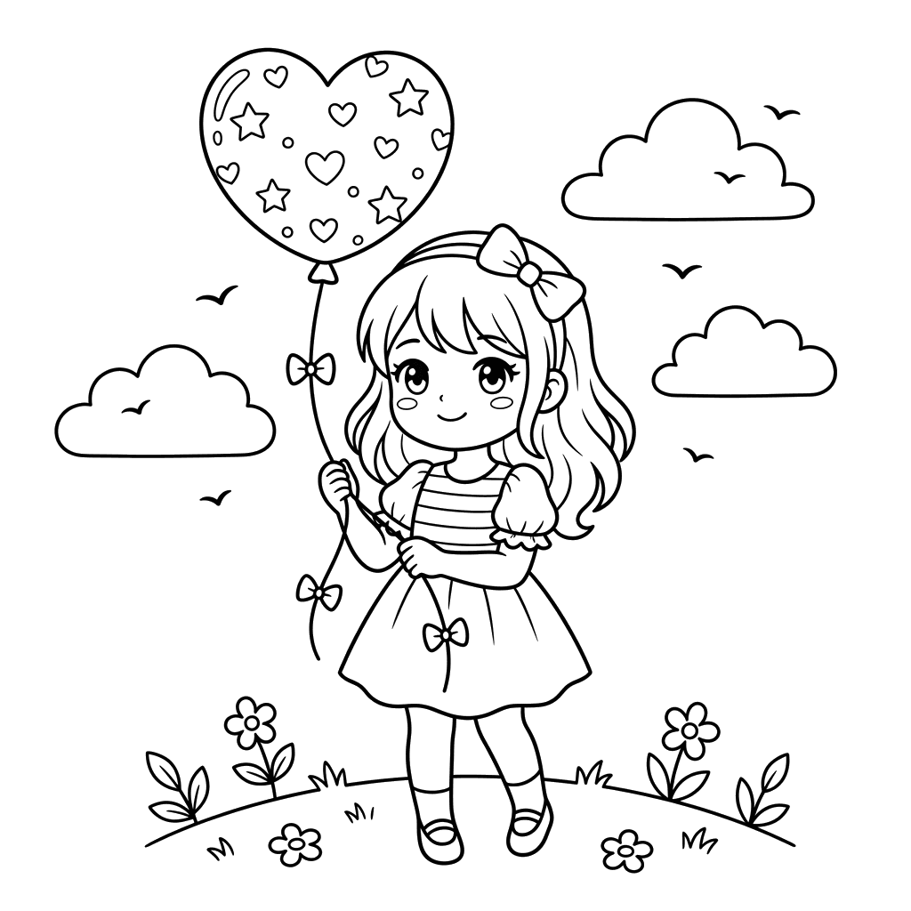 Anime Girl with a Balloon Coloring Page
