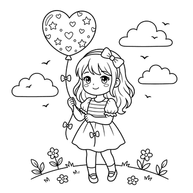 Anime Girl with a Balloon Coloring Page
