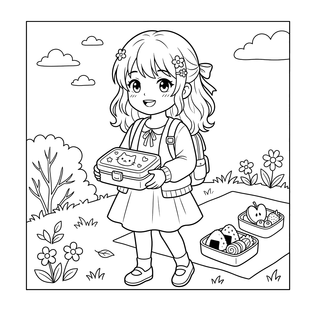 Anime Girl with Bento Lunch Coloring Page