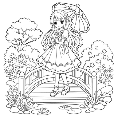 Anime girl on bridge coloring page