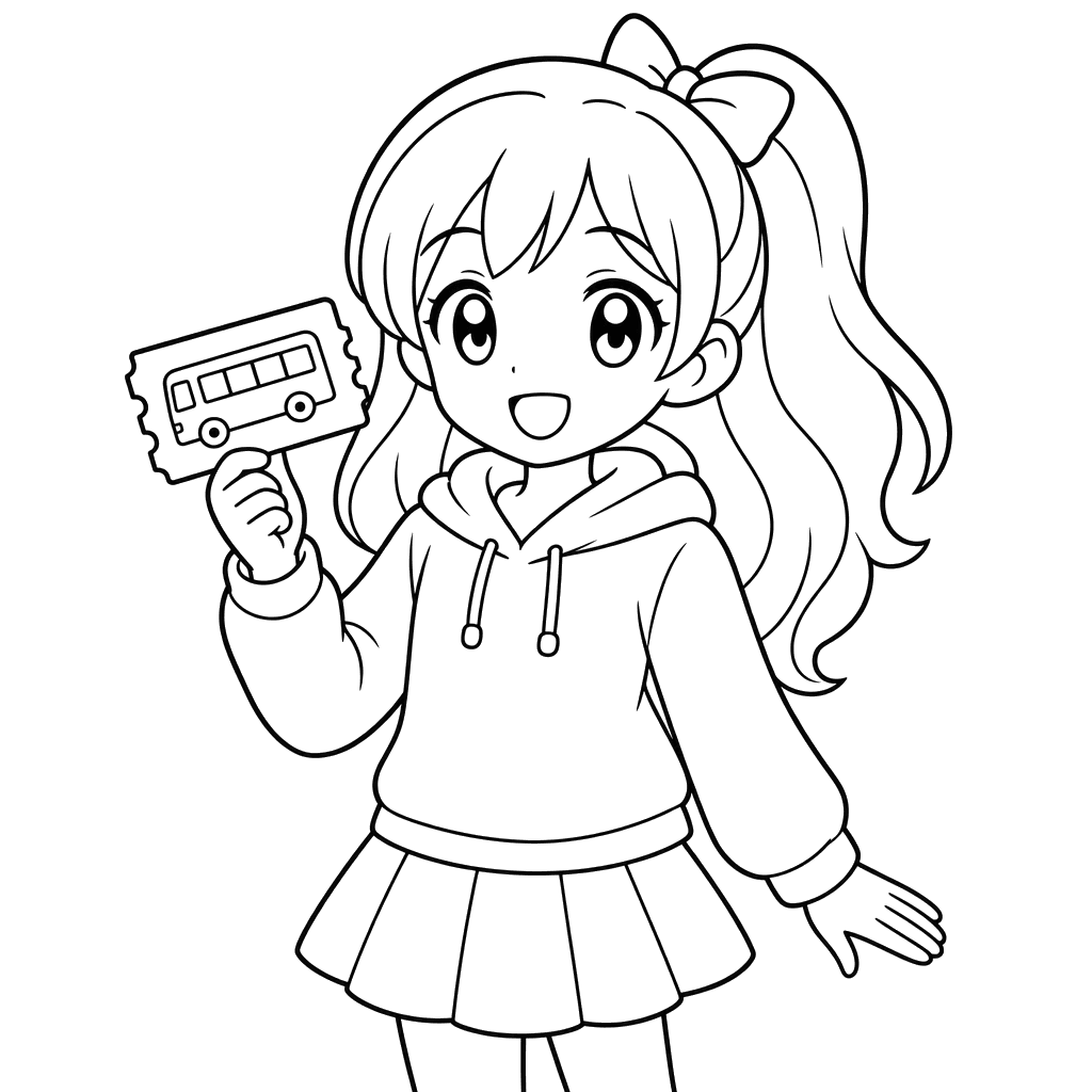 Anime girl with bus ticket coloring page