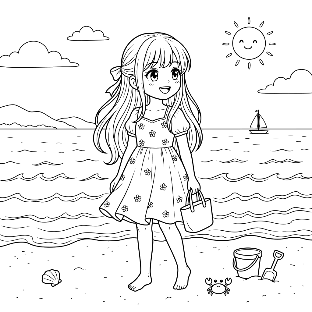 Anime Girl by the Sea Coloring Page