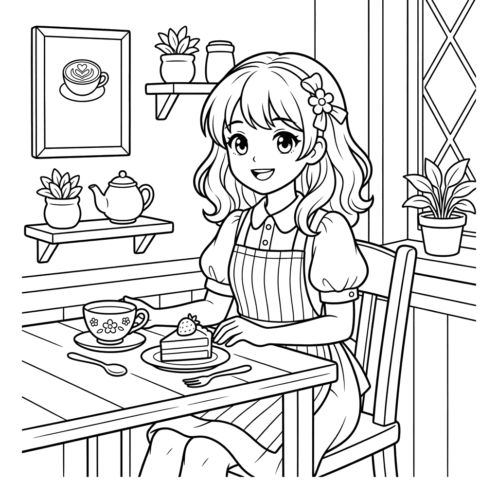 Cute Anime Girl in a Cafe Coloring Page