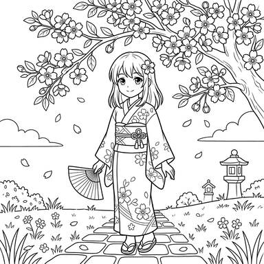 Anime Girl Under Cherry Blossoms Coloring Page