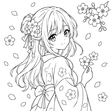 Anime Girl with Cherry Blossom Petals