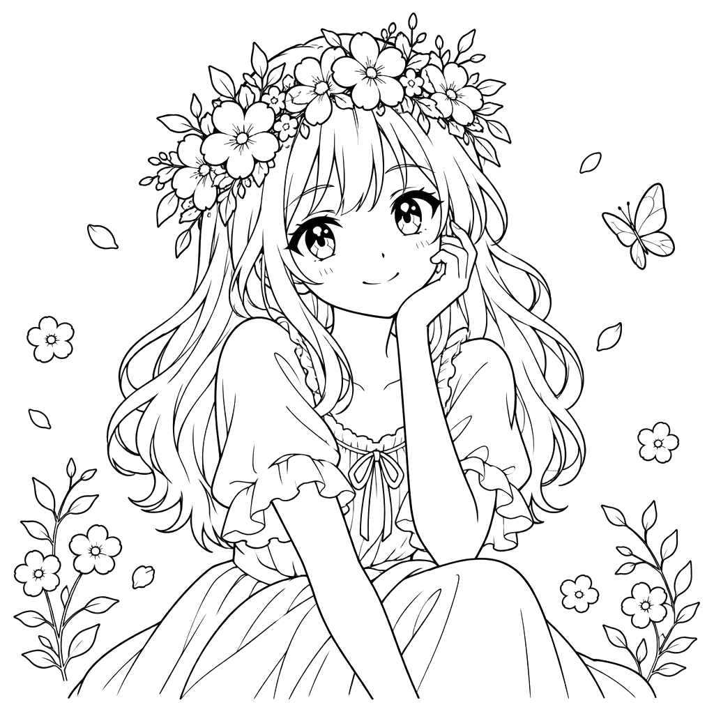 Girl with Flower Crown Coloring Page