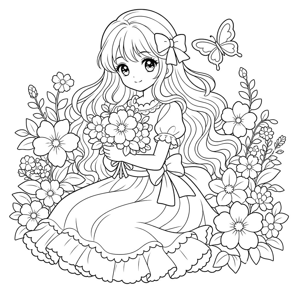 Anime girl with long hair among flowers