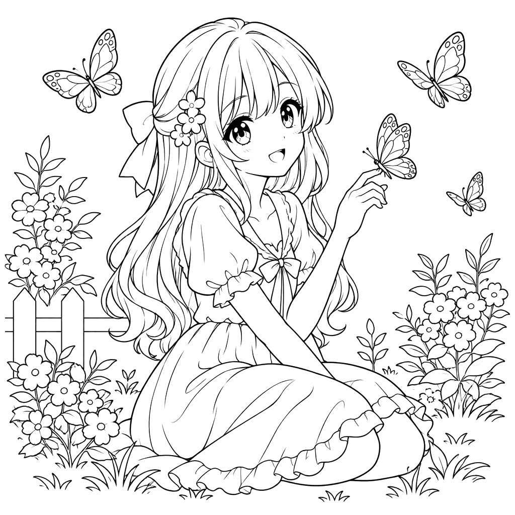 Anime Girl in a Butterfly Garden