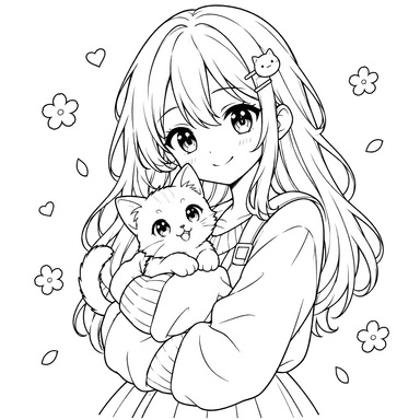 Anime Girl Holding a Kitten Coloring Page