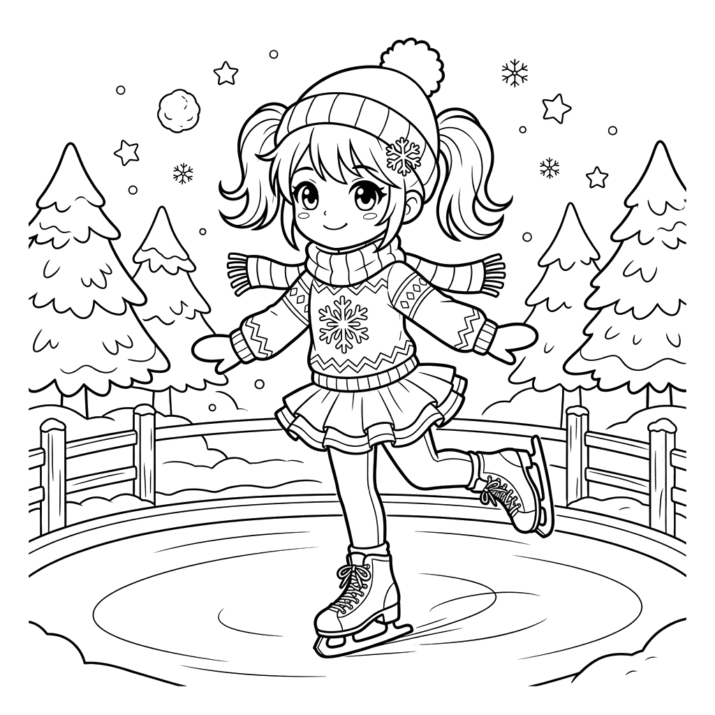 Anime Girl Ice Skating Coloring Page