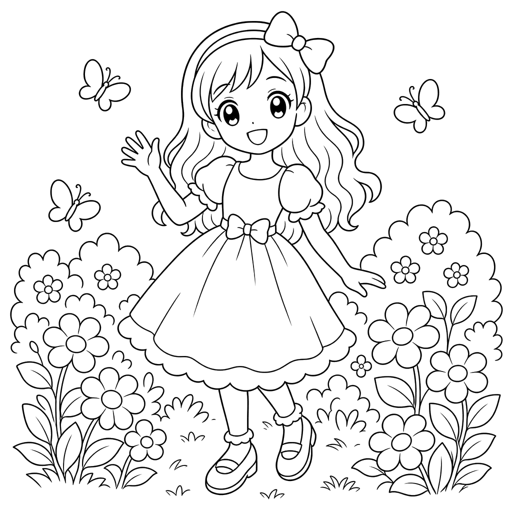 Anime girl in a garden coloring page