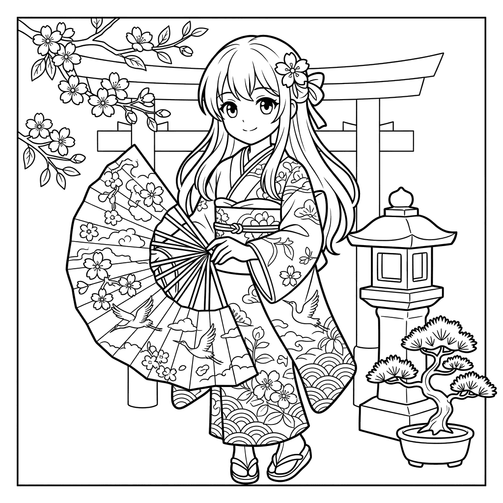 Anime Girl with Japanese Fan Coloring Page