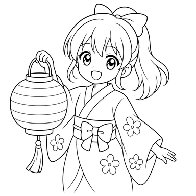 Anime girl with festival lantern coloring page