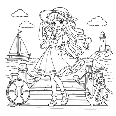Anime girl with long hair on a pier