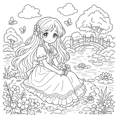 Anime girl with long hair by the river — coloring page