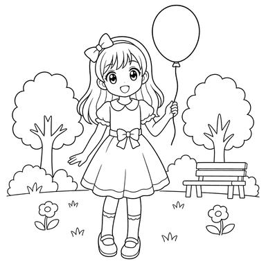 Anime girl in park with balloon coloring page