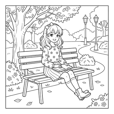 Anime Girl on Park Bench Coloring Page