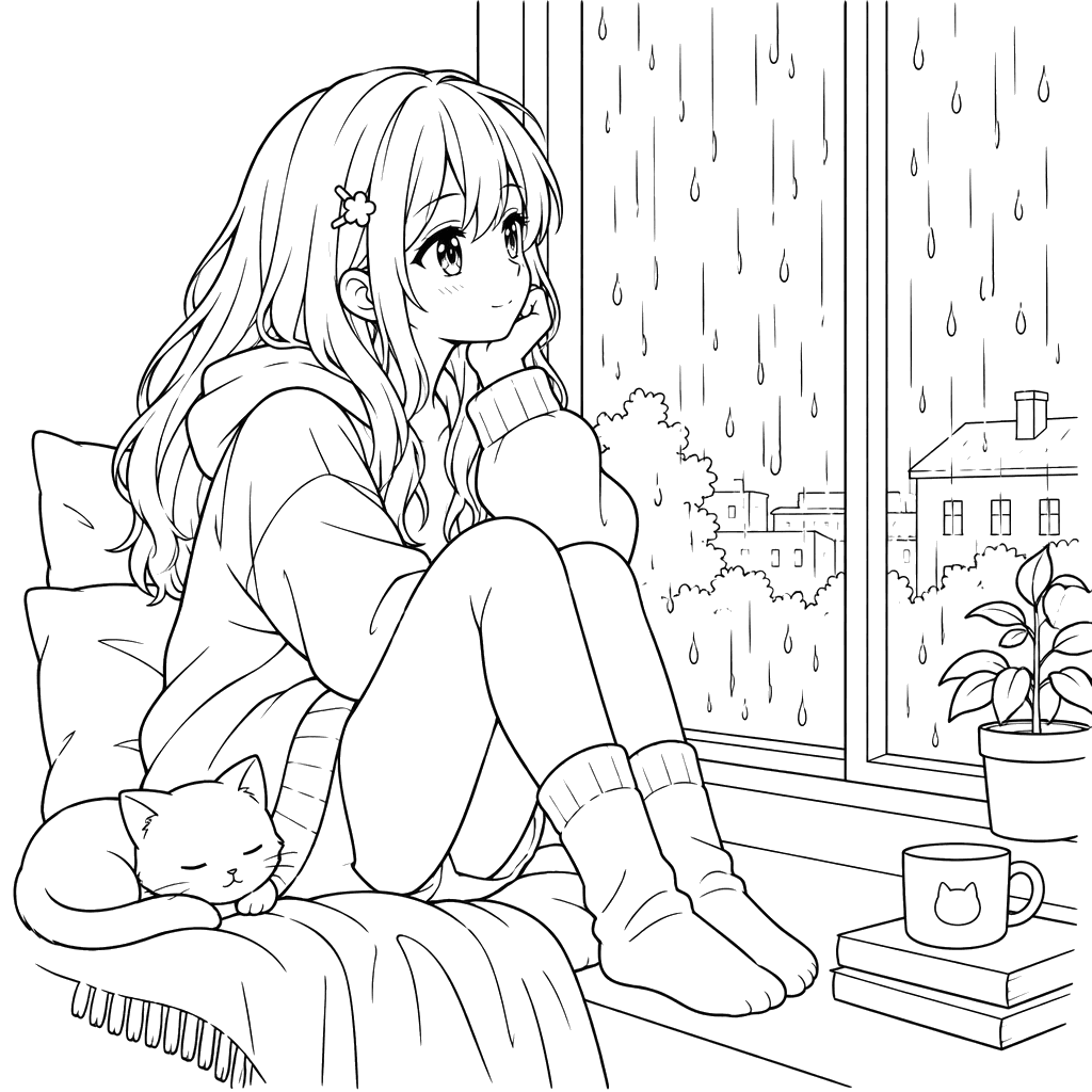 Anime Girl at a Rainy Window